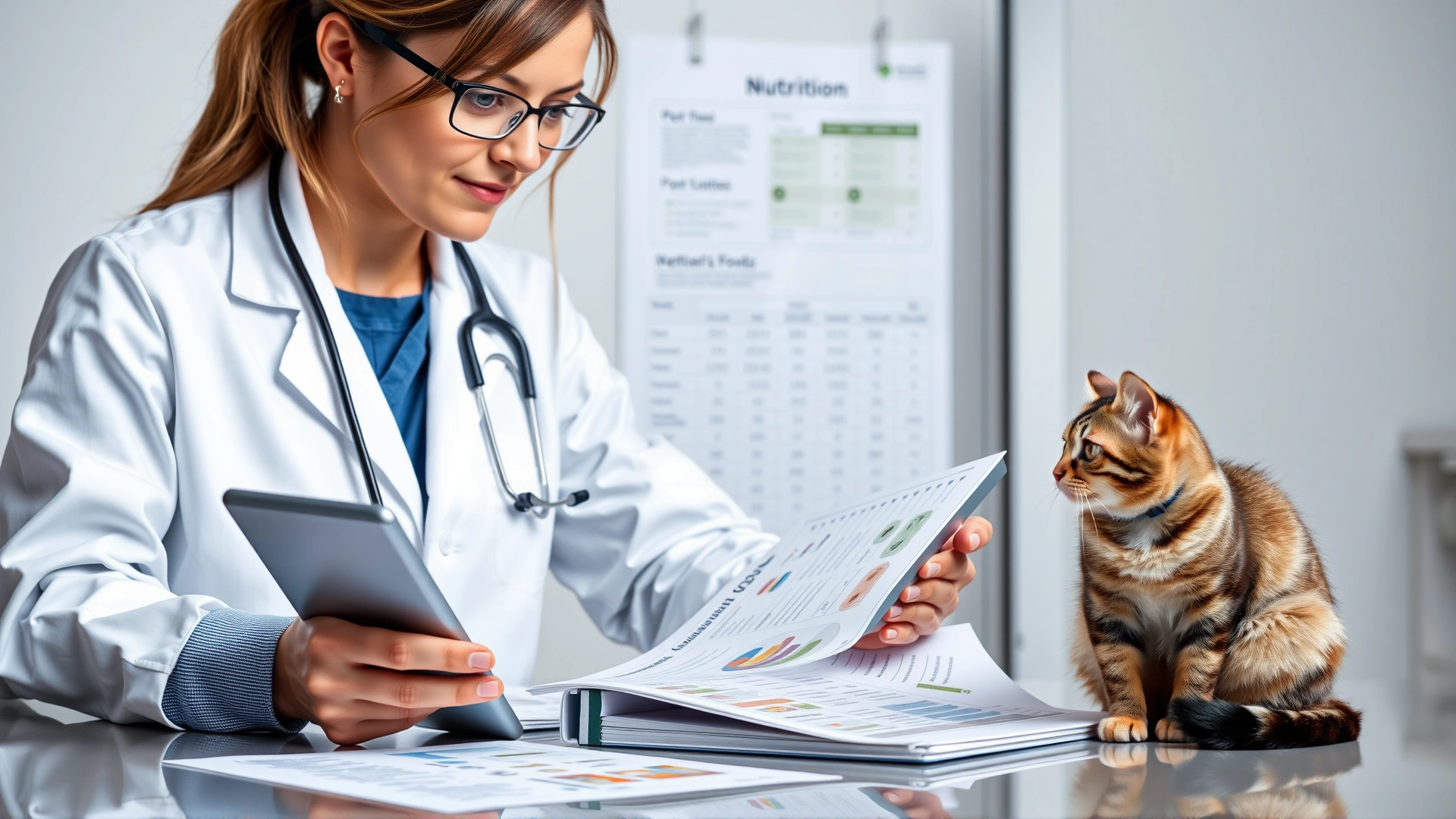 Veterinary nutritionist in a white lab coat reviewing pet food formulation charts on a tablet with a curious cat sitting on the desk.
