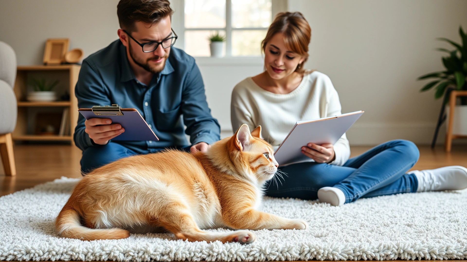Pet parent attentively watching their dog and cat interact on a cozy rug, taking notes on a clipboard, indoor natural lighting, candid moment