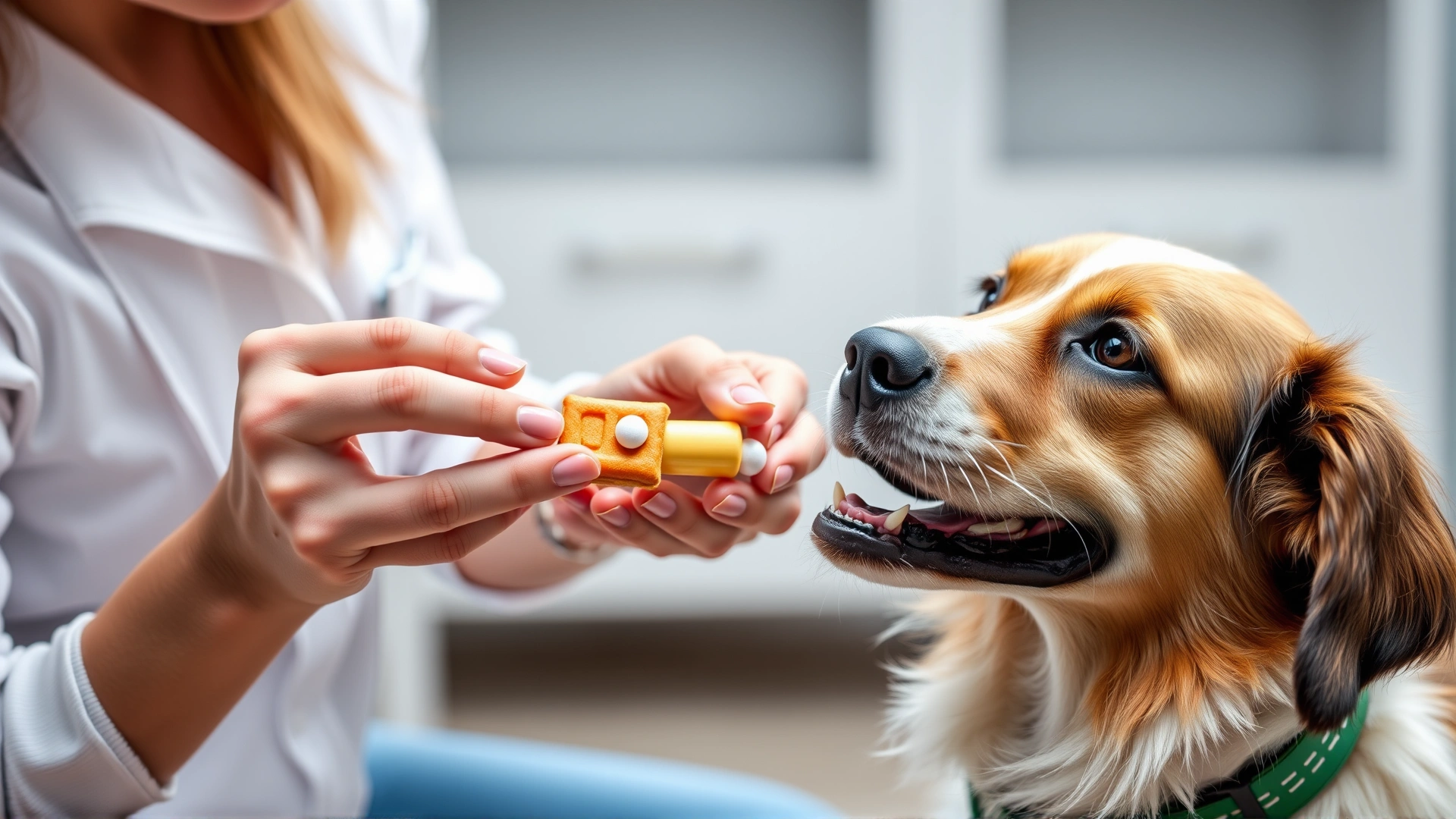 Pet owner giving a dog a pill using a treat or pill pocket while the dog eagerly accepts, depicting easy medication administration.