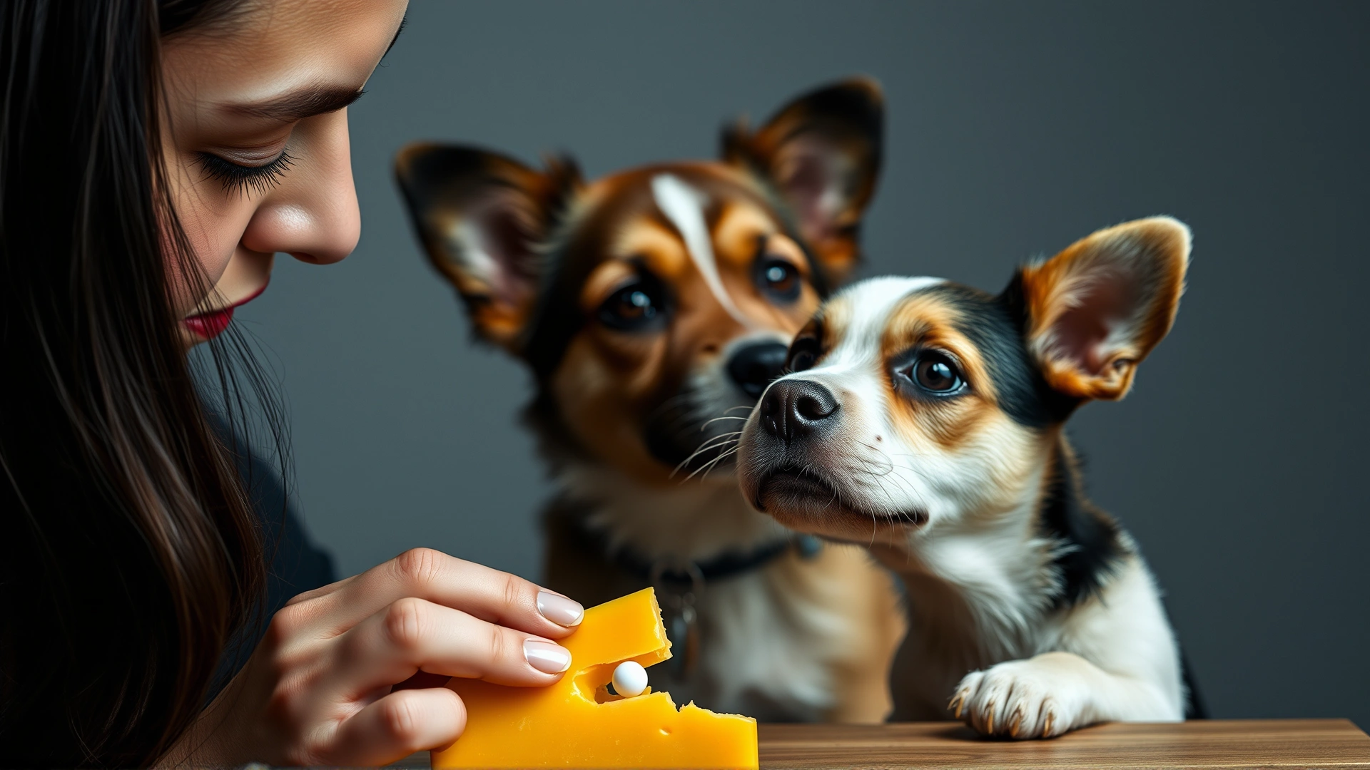 A young woman hiding a small pill inside a piece of cheese while her small mixed-breed dog waits eagerly.