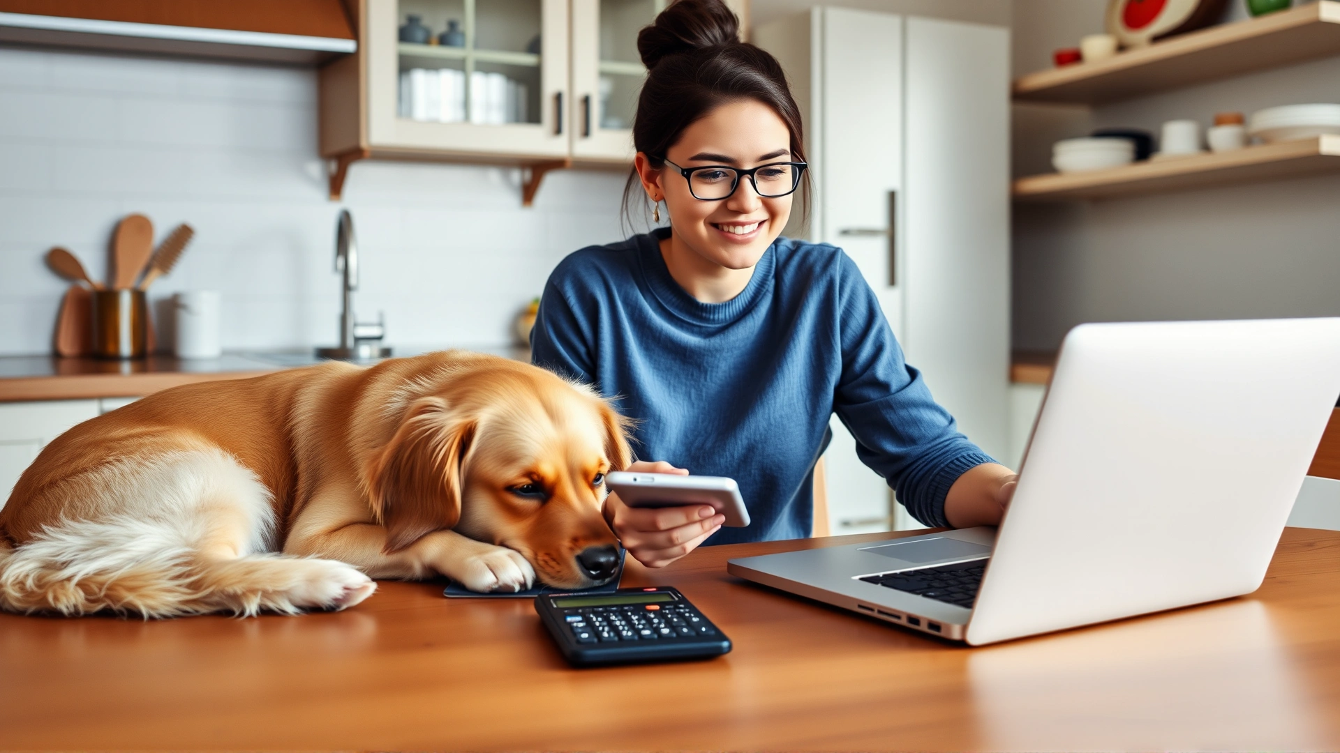 A young pet owner sitting at a kitchen table with a laptop and calculator, her Golden Retriever resting its head on her lap, illustrating budgeting for pet insurance.
