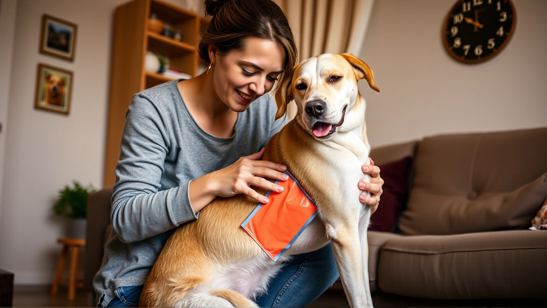 Female pet owner gently applying an ice pack to her dog's hip in a cozy living room, warm ambient light