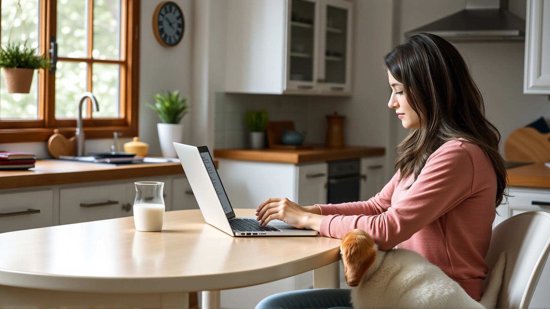 A young woman sitting at a kitchen table filling out an online form on a laptop with her dog by her side.