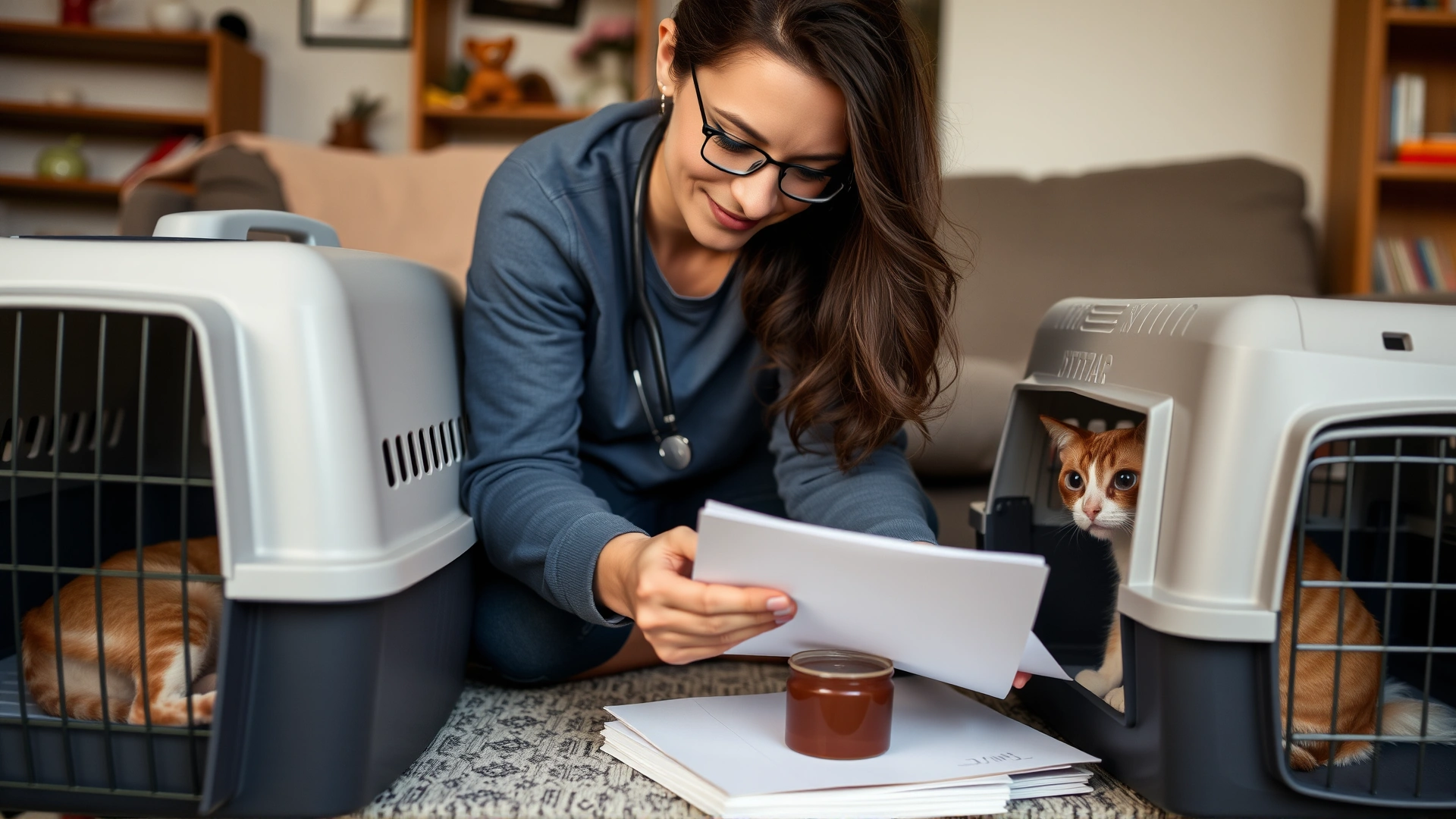 Pet owner at home organizing veterinary records and placing a fresh stool sample container next to a cat carrier, cozy living room setting