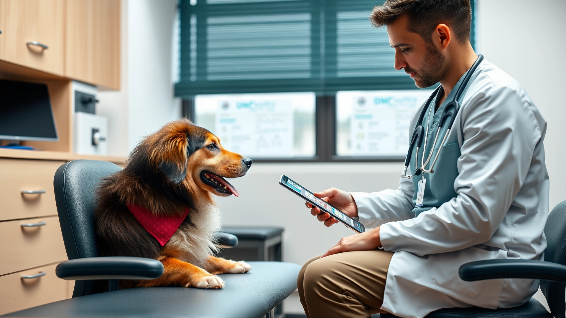 Pet owner seated in a consultation room discussing a dog’s health with a veterinarian while looking at a tablet displaying medical records.