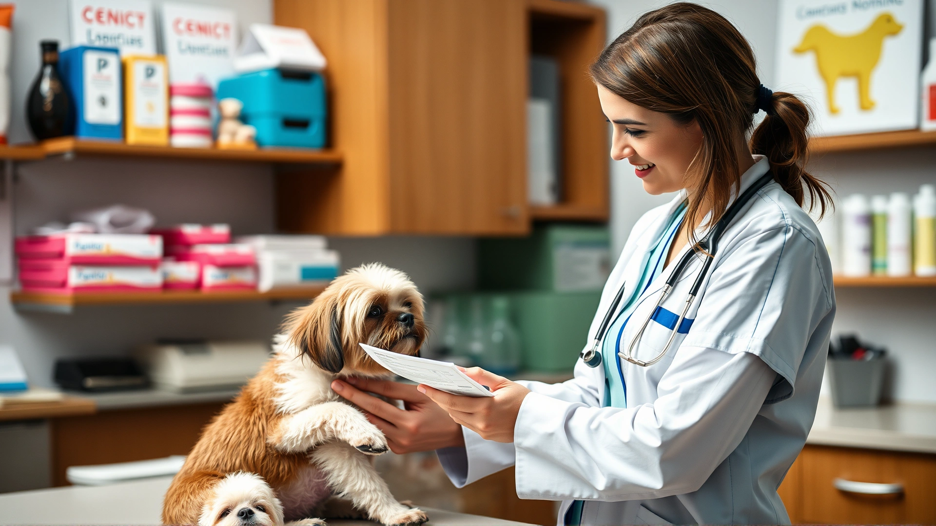 Female pet owner discussing prescription with a veterinarian while holding her small dog, veterinary office, friendly atmosphere