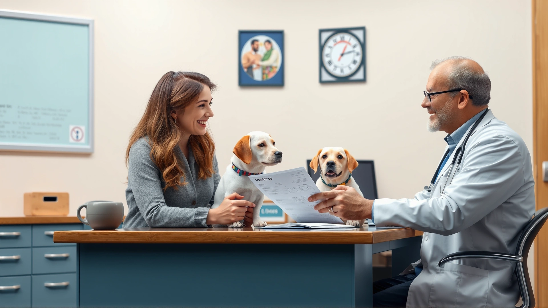 Medium shot of a pet owner discussing an invoice with a veterinarian at a desk, paperwork and stethoscope visible, friendly professional atmosphere.