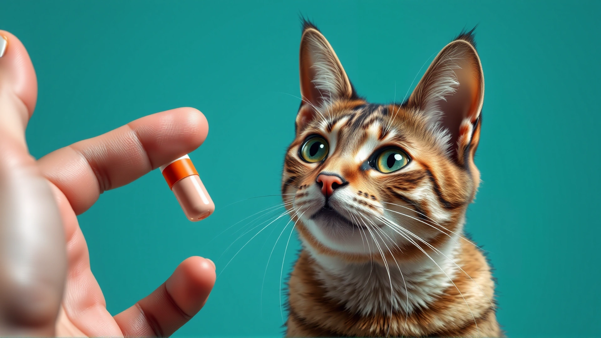 Close-up of a hand offering a pill wrapped in a treat to a curious cat