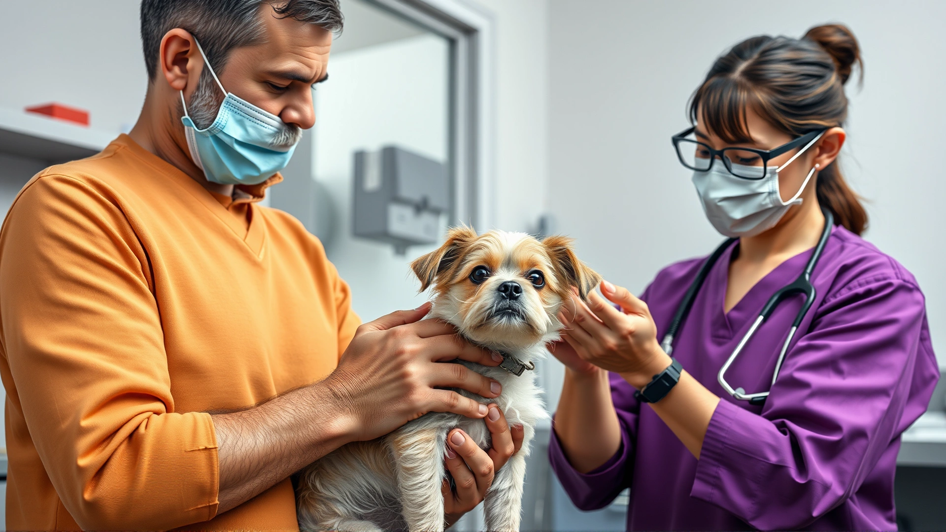 Concerned pet owner holding a small dog at a vet clinic while a veterinarian examines the dog, emphasizing urgency.