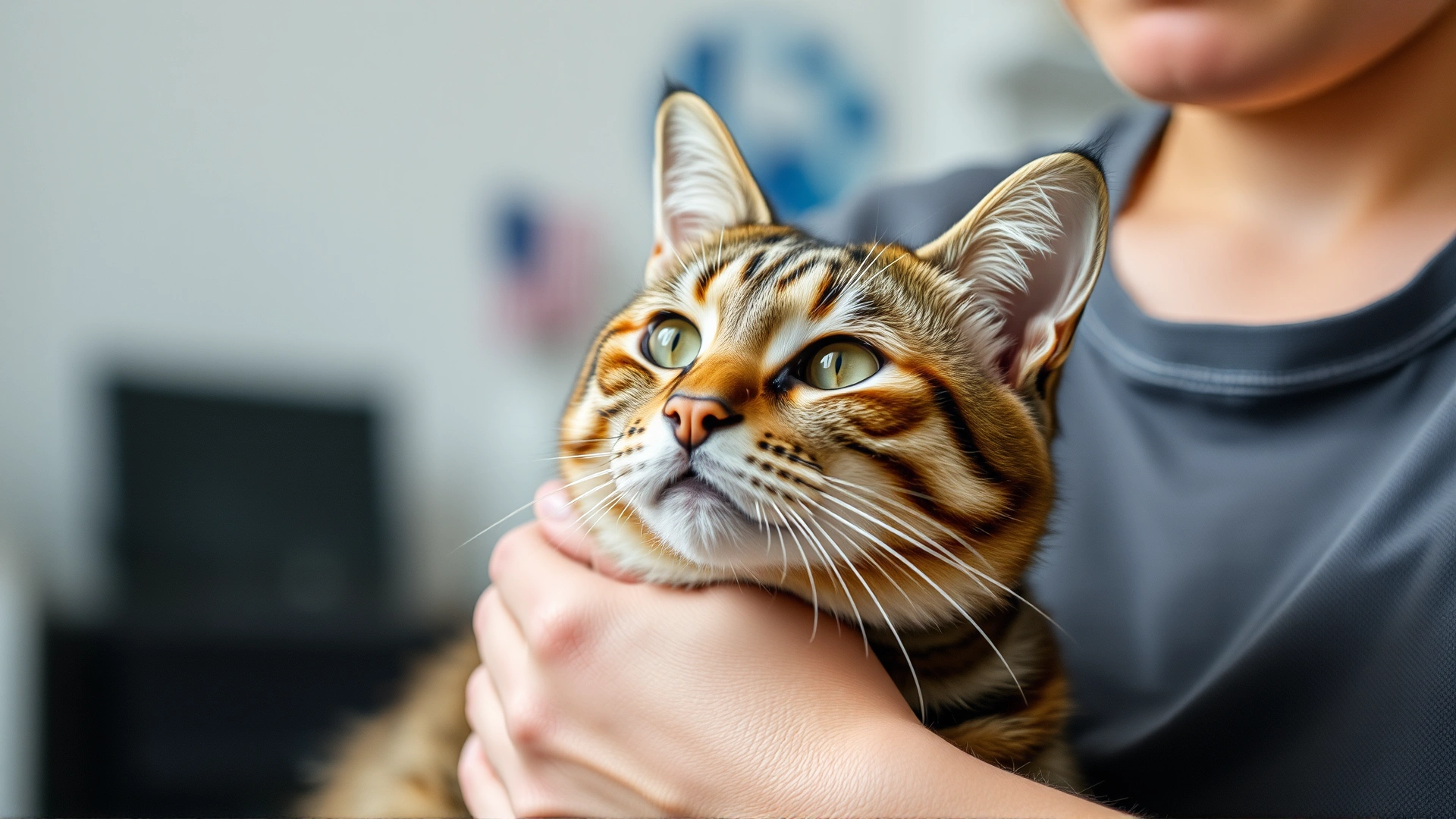 Concerned tabby cat being gently comforted by its owner after receiving medication; neutral indoor setting.