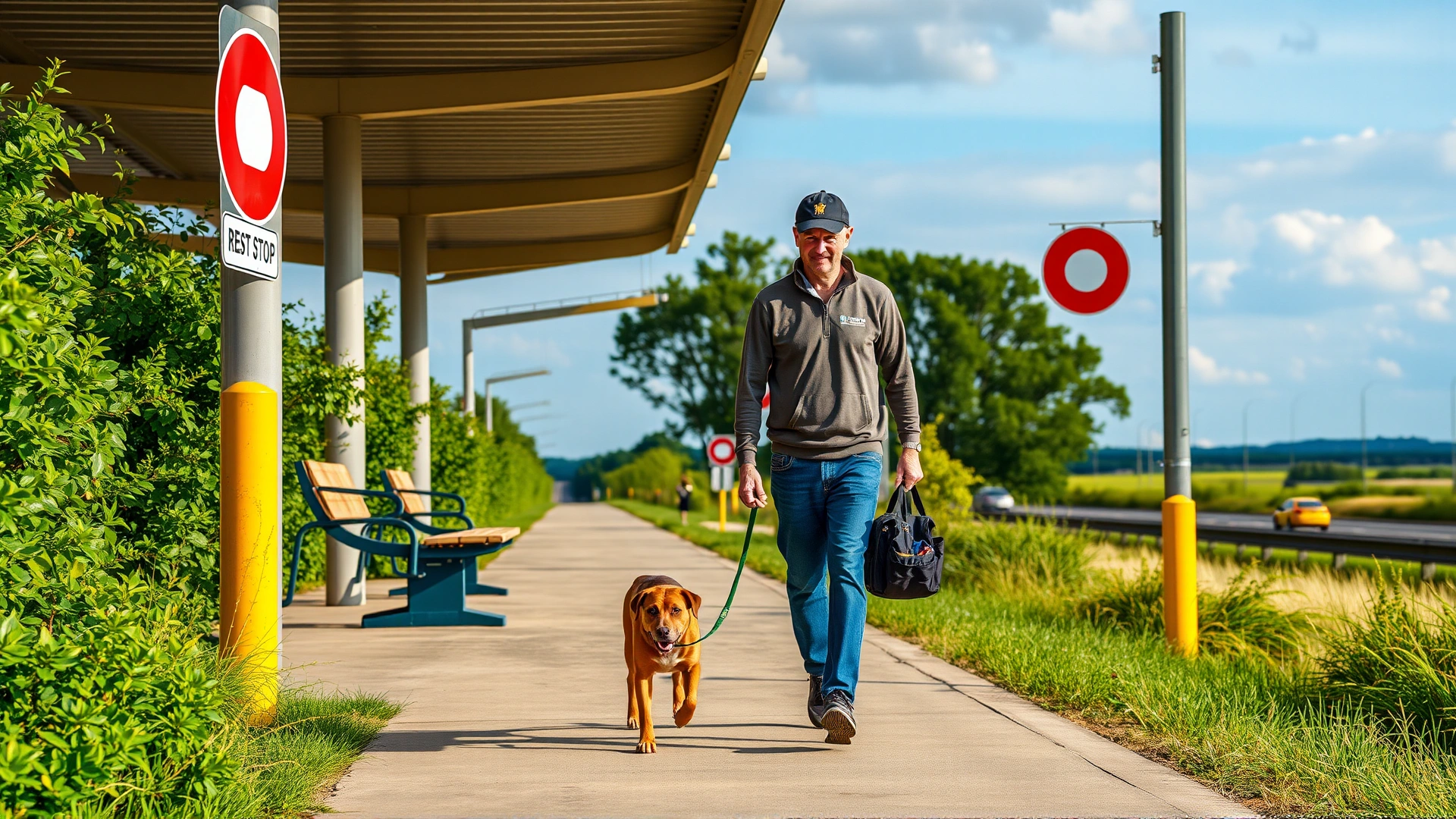 Owner walking a dog on a leash at a highway rest stop with greenery, indicating travel break