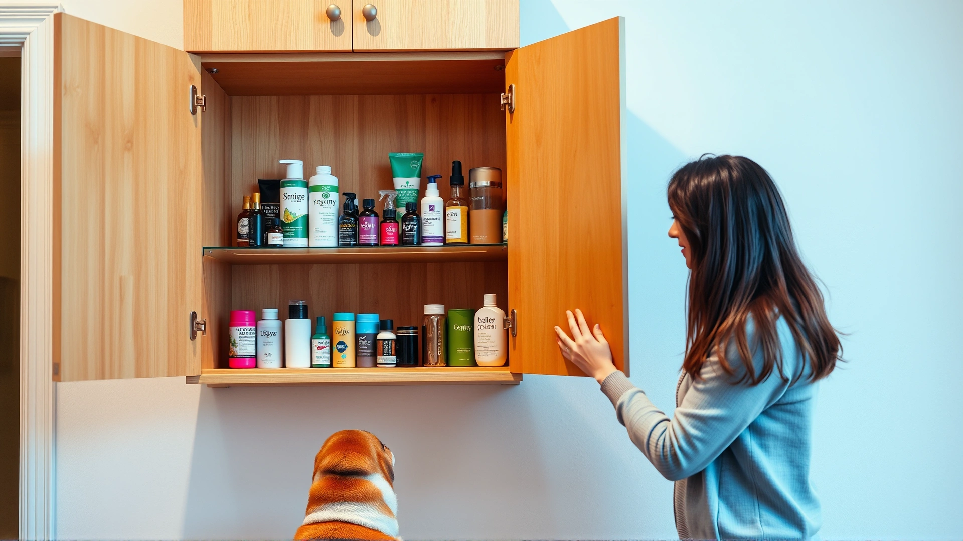 An owner placing assorted beauty products on a high wall-mounted cabinet out of reach while their dog watches from below, illustrating safety storage at home.