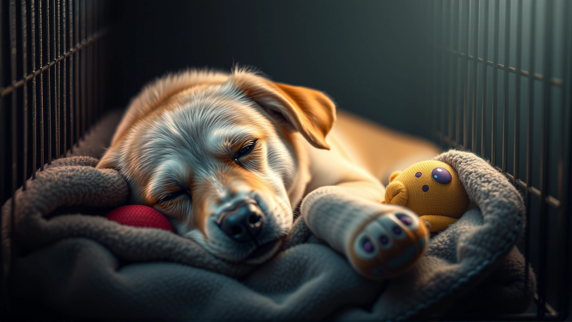A calm dog resting comfortably inside a crate filled with a soft blanket and toys, with dim lighting creating a sense of security.