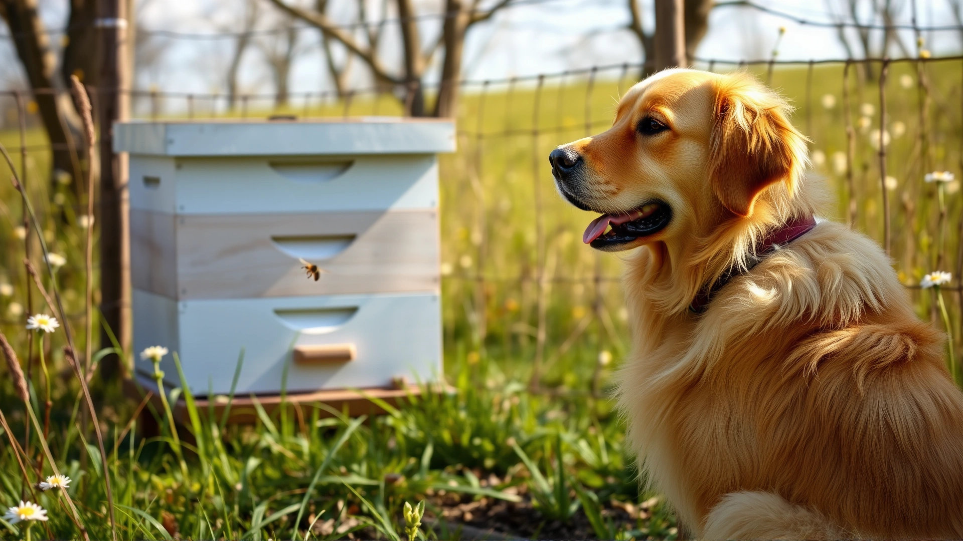 Friendly golden retriever sitting at a safe distance from a fenced beehive, observing calmly on a sunny spring day.