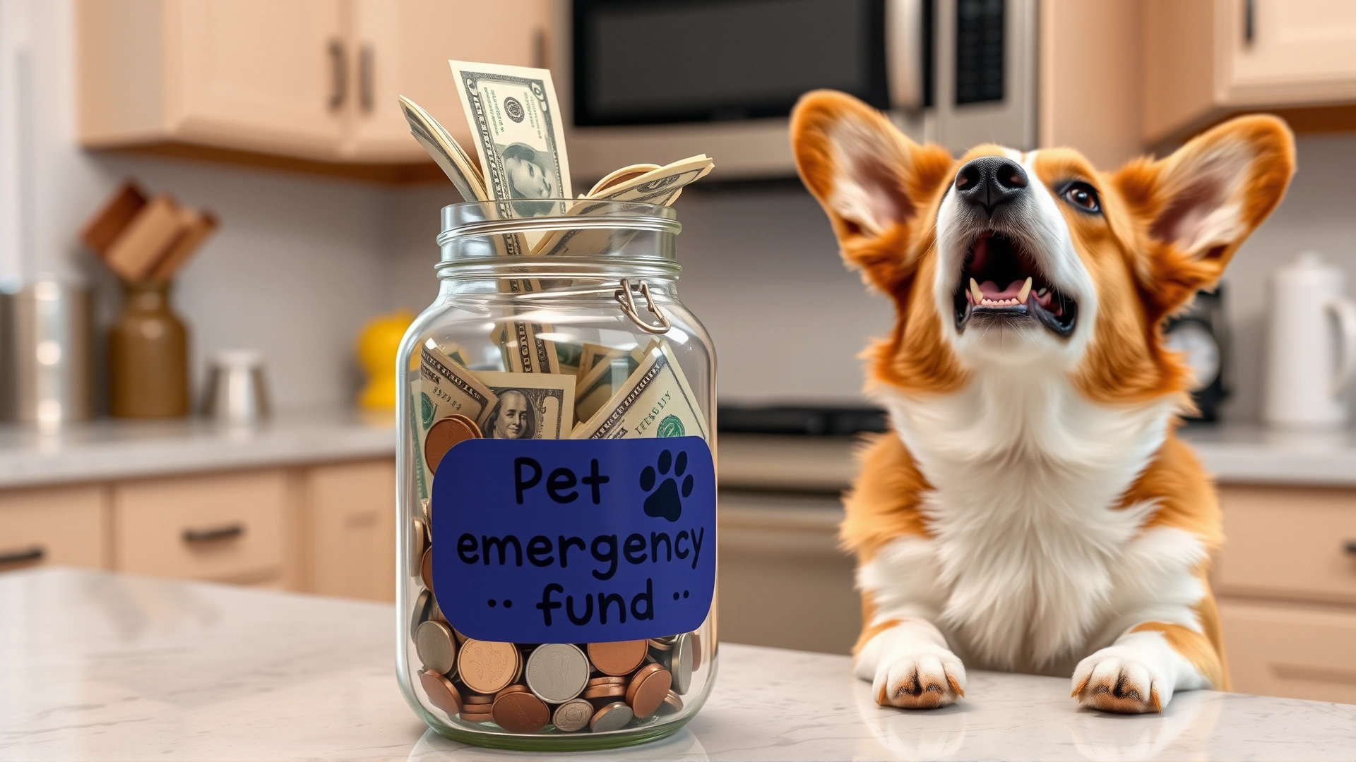 Jar labeled with a paw-print sticker filled with coins and dollar bills on a kitchen counter, next to a Corgi looking up expectantly, representing a pet emergency fund.