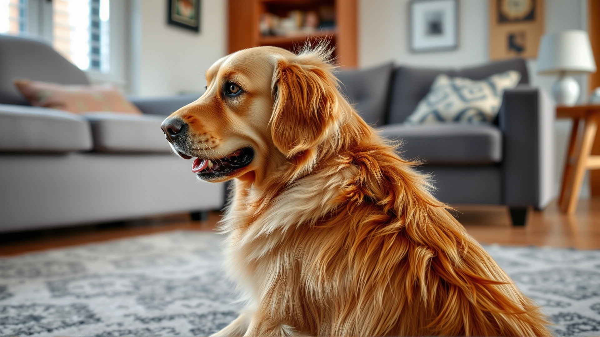 Photo of a golden retriever scratching behind its ear while sitting on a living-room rug, natural daylight.