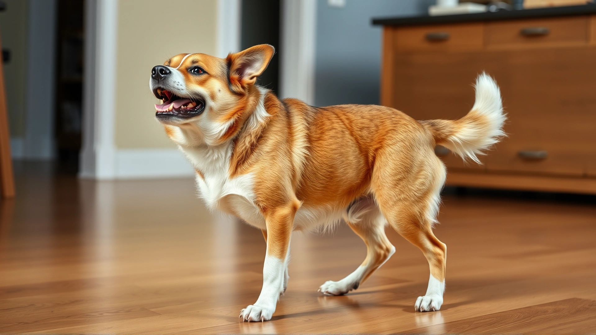 Medium shot of a mixed-breed dog vigorously scratching its side while standing on hardwood floor, indoor lighting