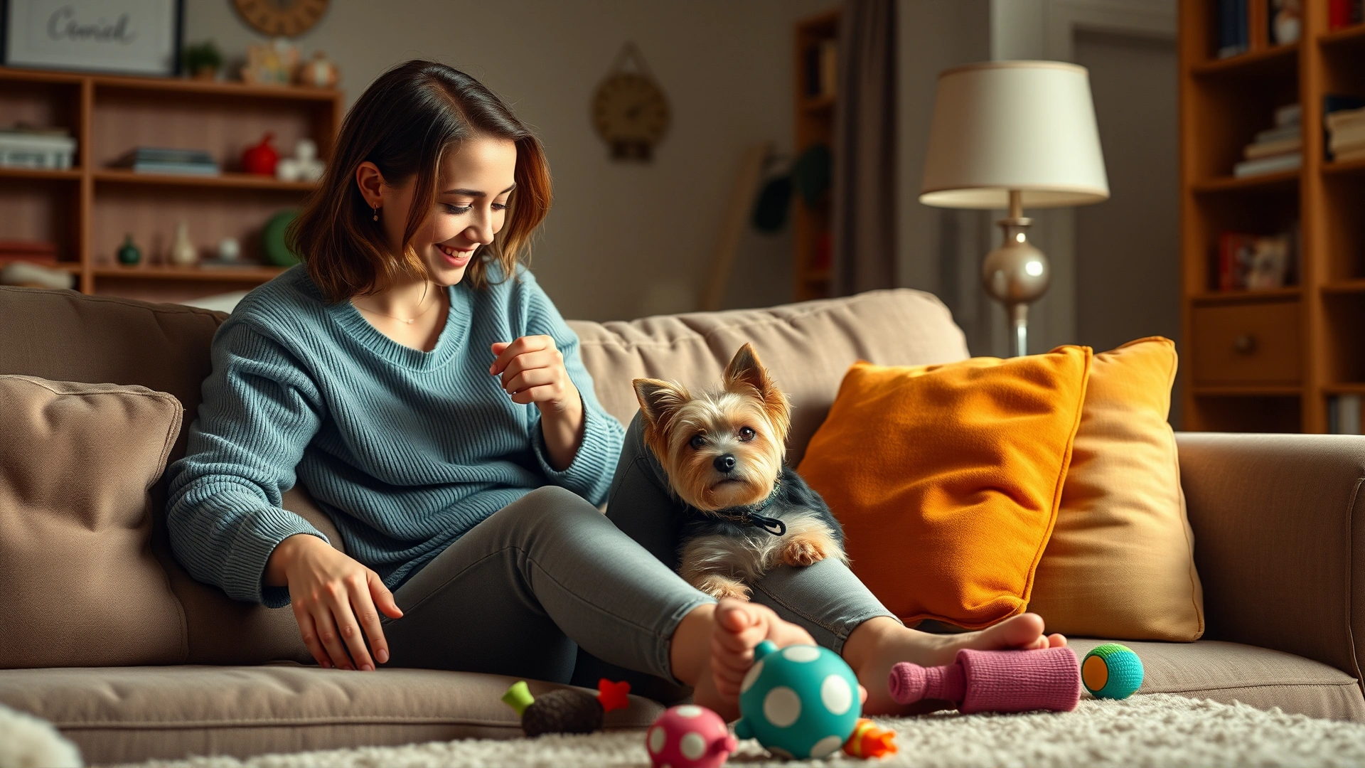 Cozy living room scene where a pet sitter is sitting on a sofa playing with a small terrier, toys scattered, warm lighting, no text