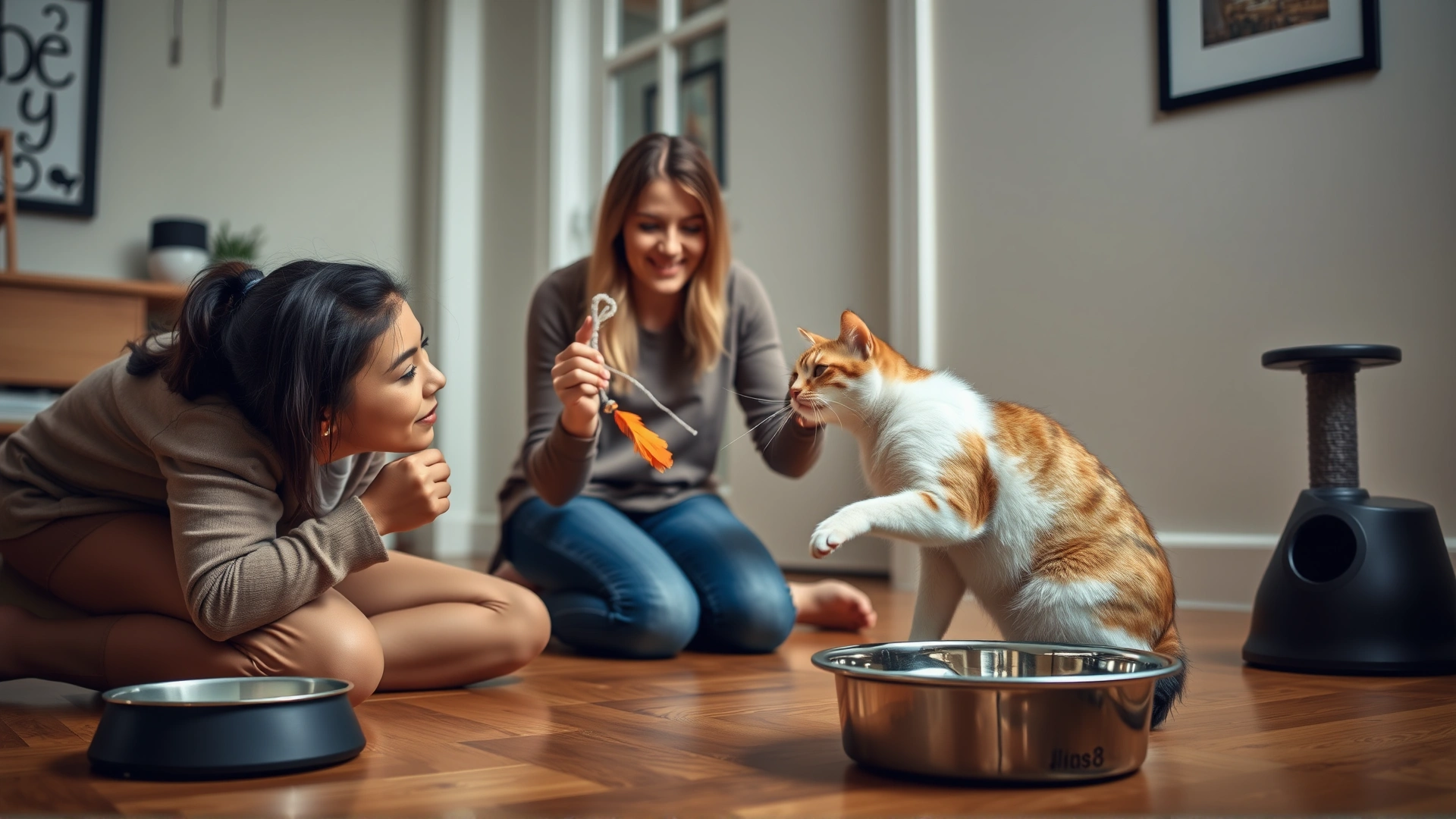 Pet sitter kneeling on the floor playing with a cat using a feather toy inside the owner's home, with food bowls and scratching post nearby.