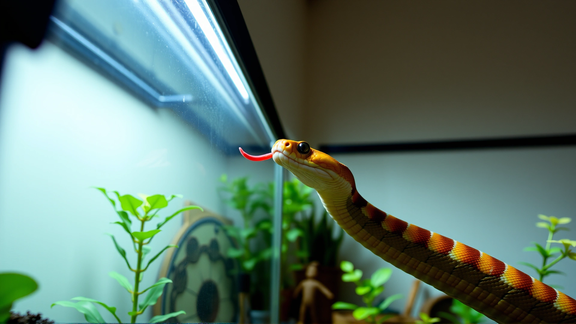 Indoor terrarium scene with a pet corn snake flicking its tongue near glass, artificial lighting, clean background