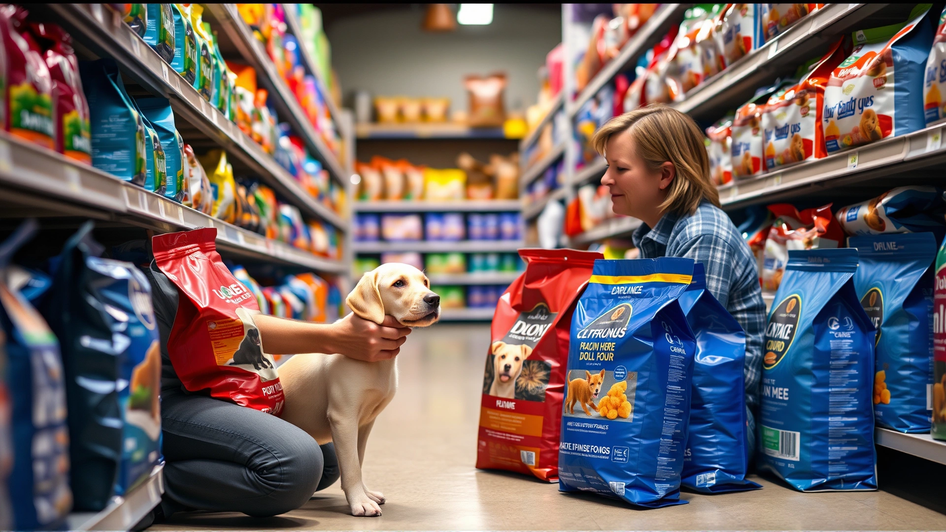 Pet owner kneeling in an aisle full of dog food bags, comparing two different premium brands, store lighting, realistic photograph.