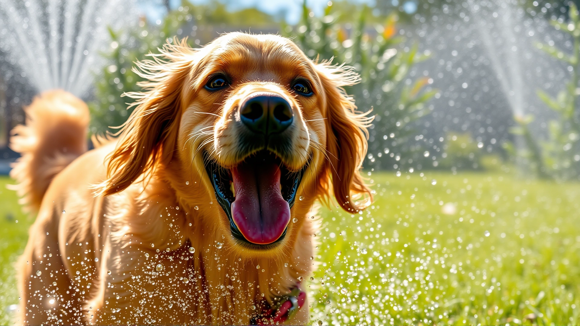 Close-up of a playful golden retriever running through sprinklers in a sunny backyard; water droplets sparkling in sunlight.