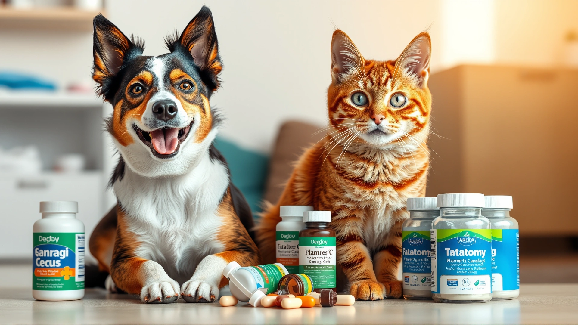 Happy dog and cat sitting together at home next to a small pile of veterinarian-style supplement bottles, bright natural lighting.