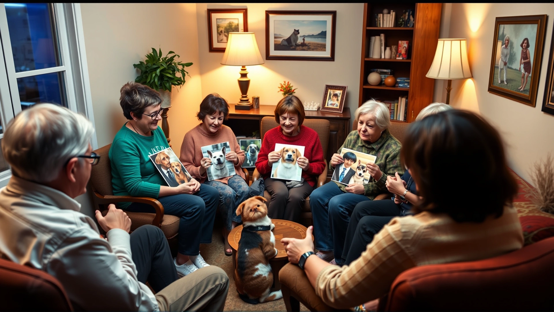 Small support group gathered in a cozy room, participants seated in a circle holding photos of their pets and offering comfort to one another.