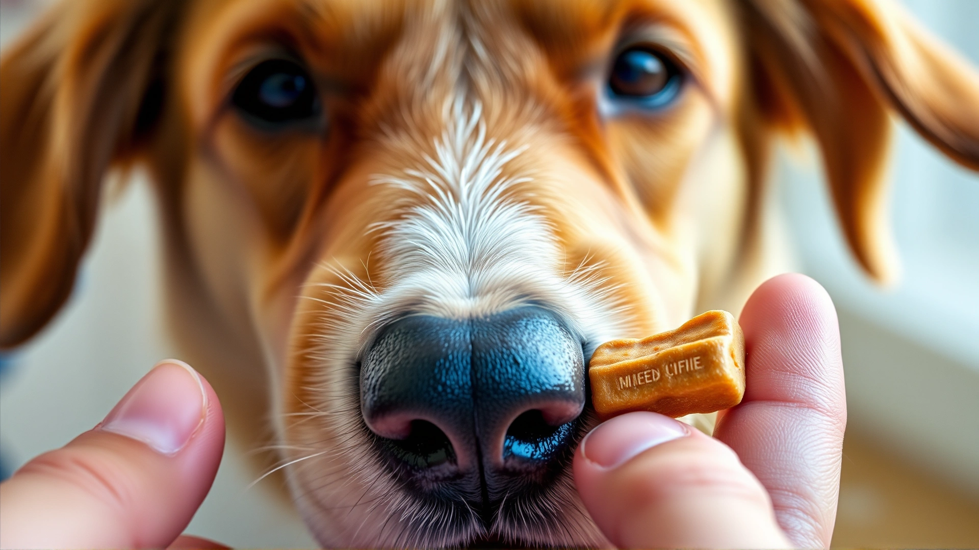 Close-up shot of a dog taking a pill hidden in a small treat, owner's hand visible, soft natural light.