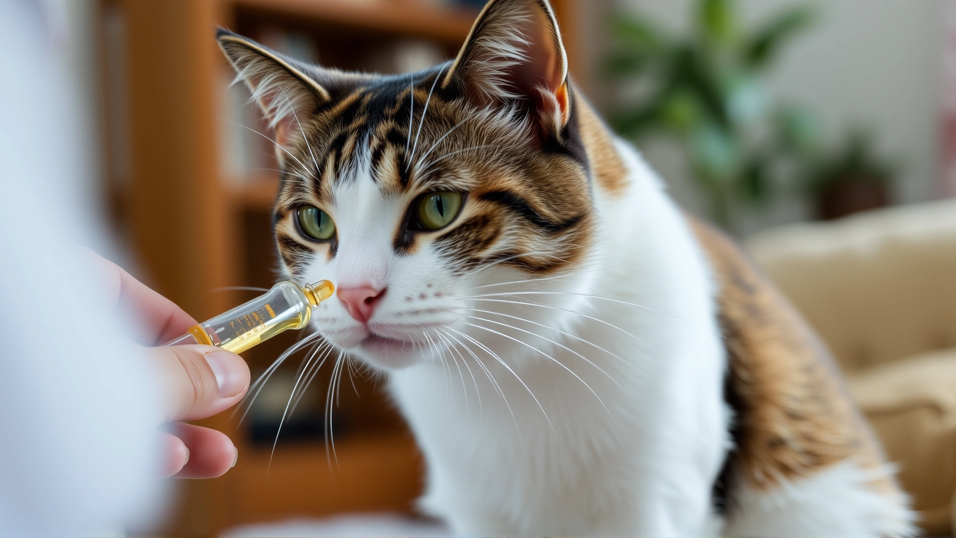 Cat being administered liquid medication by its owner at home, cozy setting