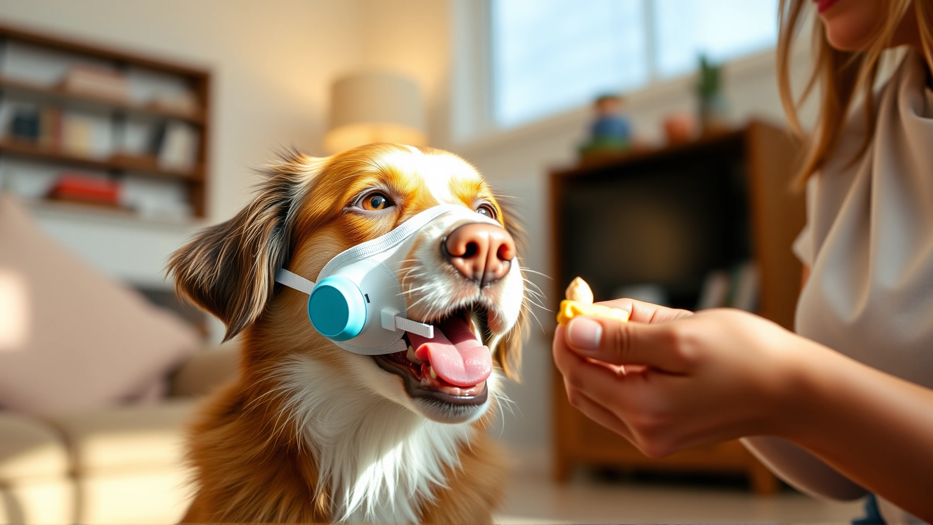 Happy dog sniffing an inhaler mask while the owner offers a small treat, shot in a living room with warm lighting.
