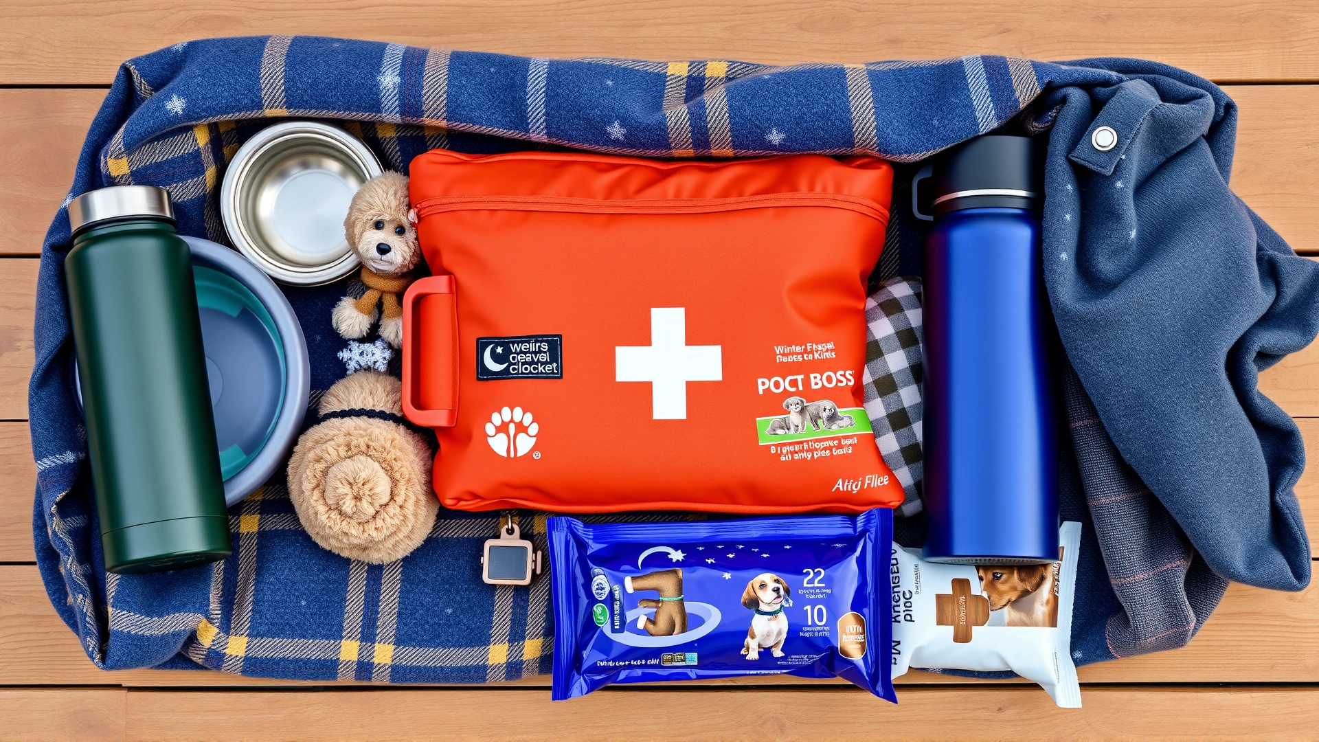 Neatly arranged winter pet travel essentials: blanket, collapsible water bowl, thermos, first-aid kit, and pack of dog food on a wooden surface