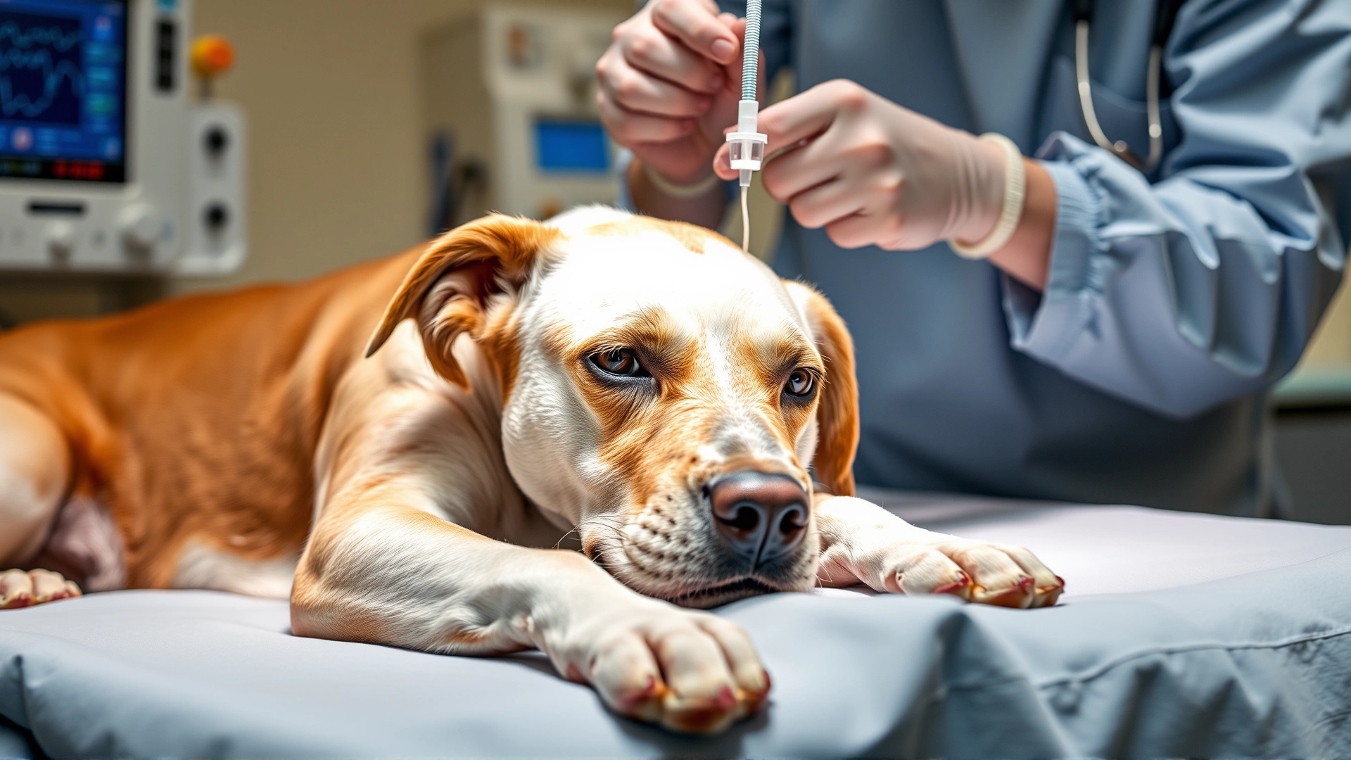 Close-up of a veterinarian adjusting IV fluids for a sedated dog on an operating table, monitoring equipment visible.