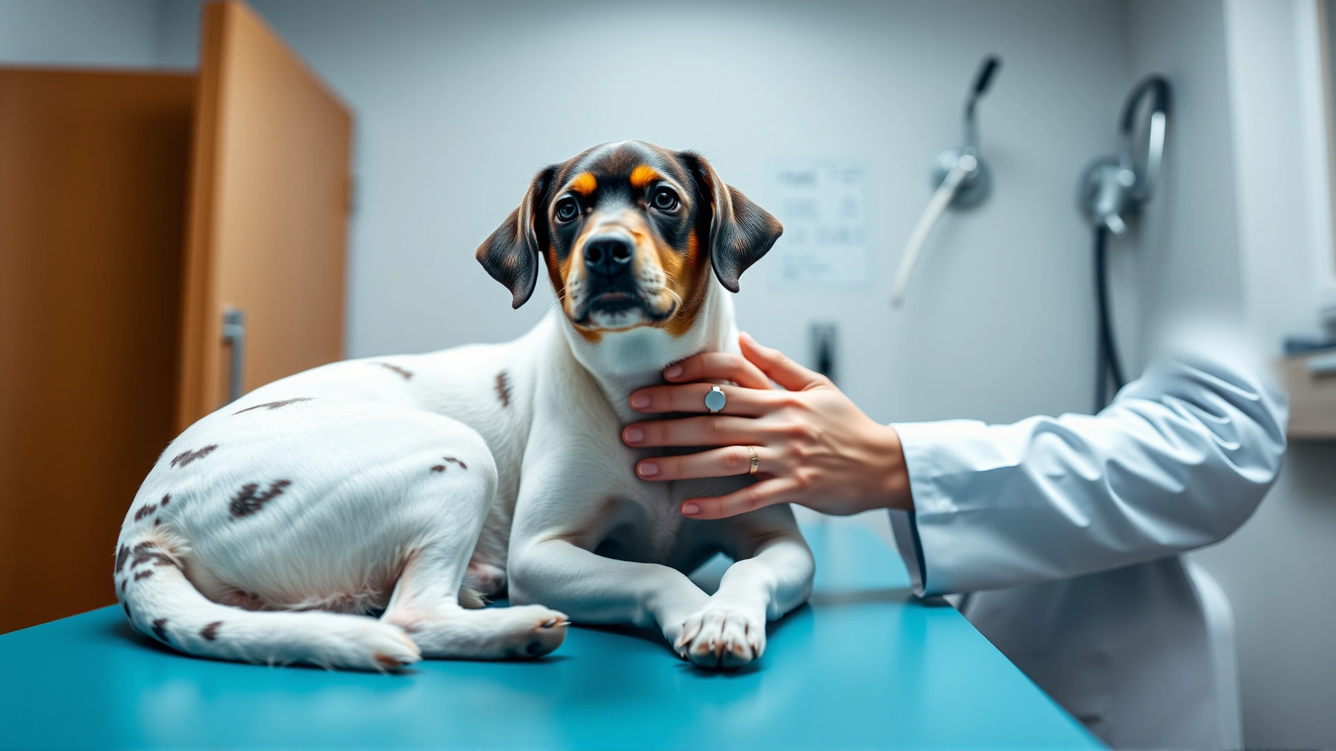 Veterinarian in white coat gently examining a dog on an exam table, stethoscope visible, clinical setting