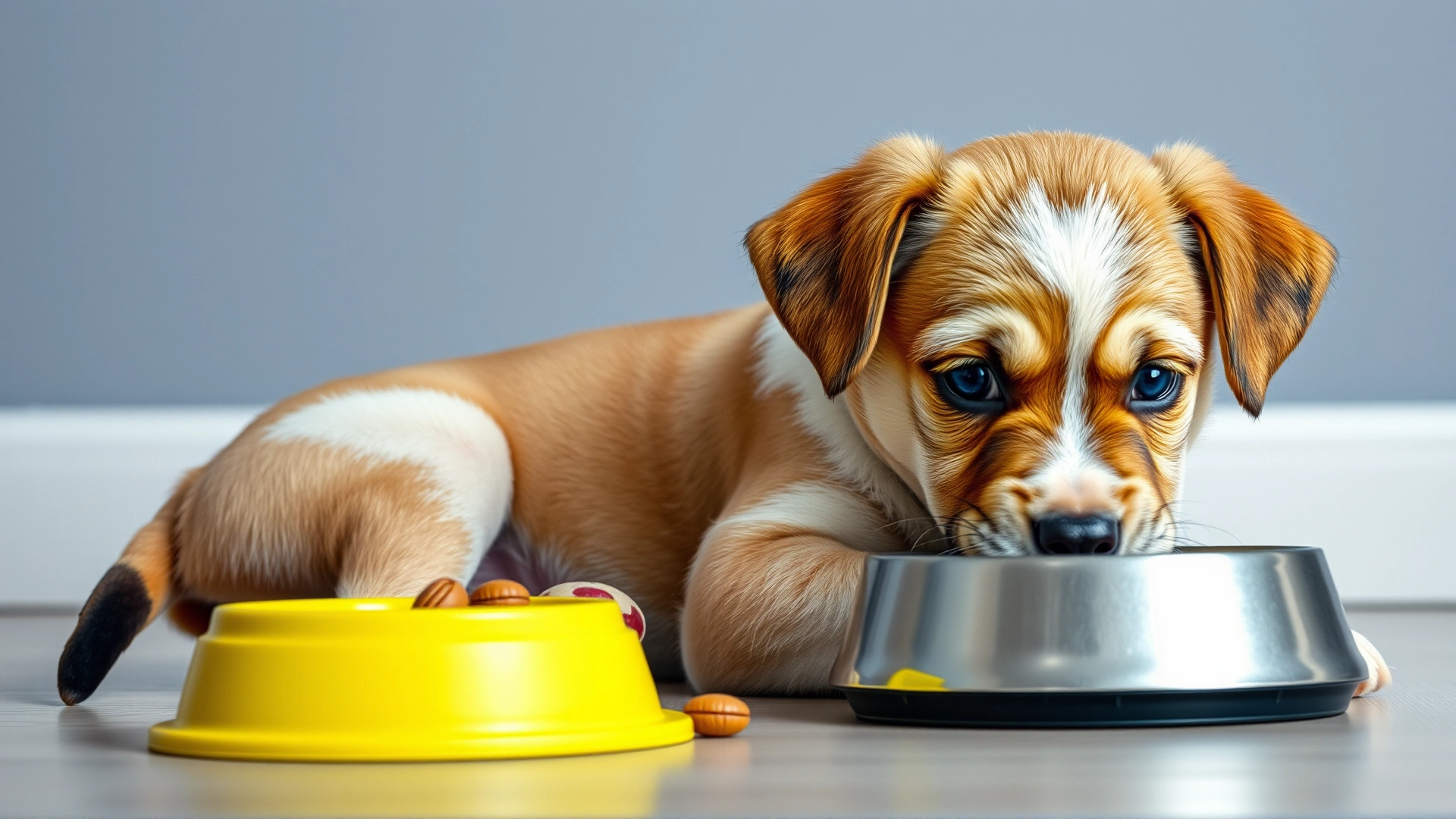 Young puppy sitting on the floor with a slightly upset expression and a tipped-over food bowl nearby, soft lighting, high resolution