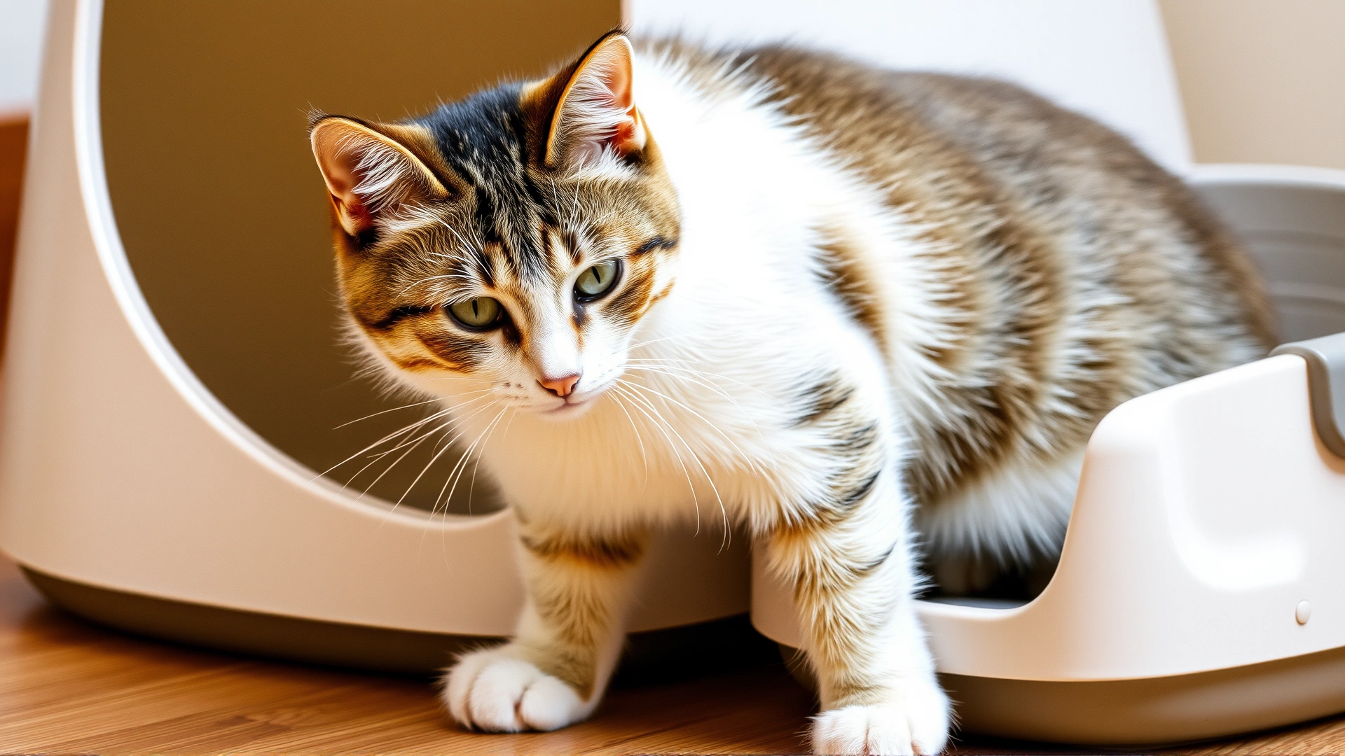 A domestic short-haired cat calmly using a clean litter box, illustrating urinary health