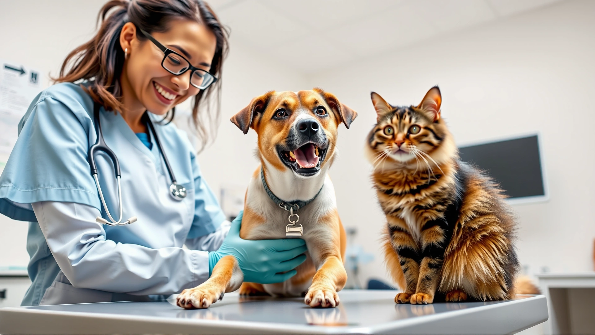 Cheerful veterinarian examining a medium-sized dog while a curious cat sits on the exam table, bright clinic setting, natural lighting, no text on image.