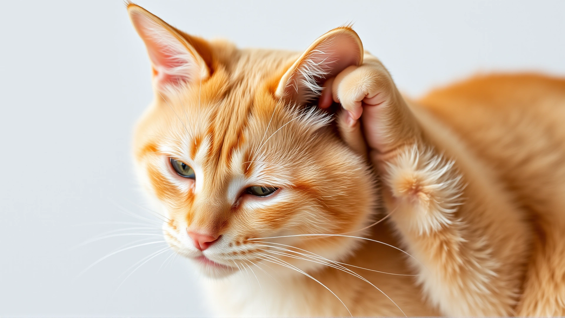 A domestic short-haired orange cat scratching its ear with a concerned expression, illustrating allergic itchiness.