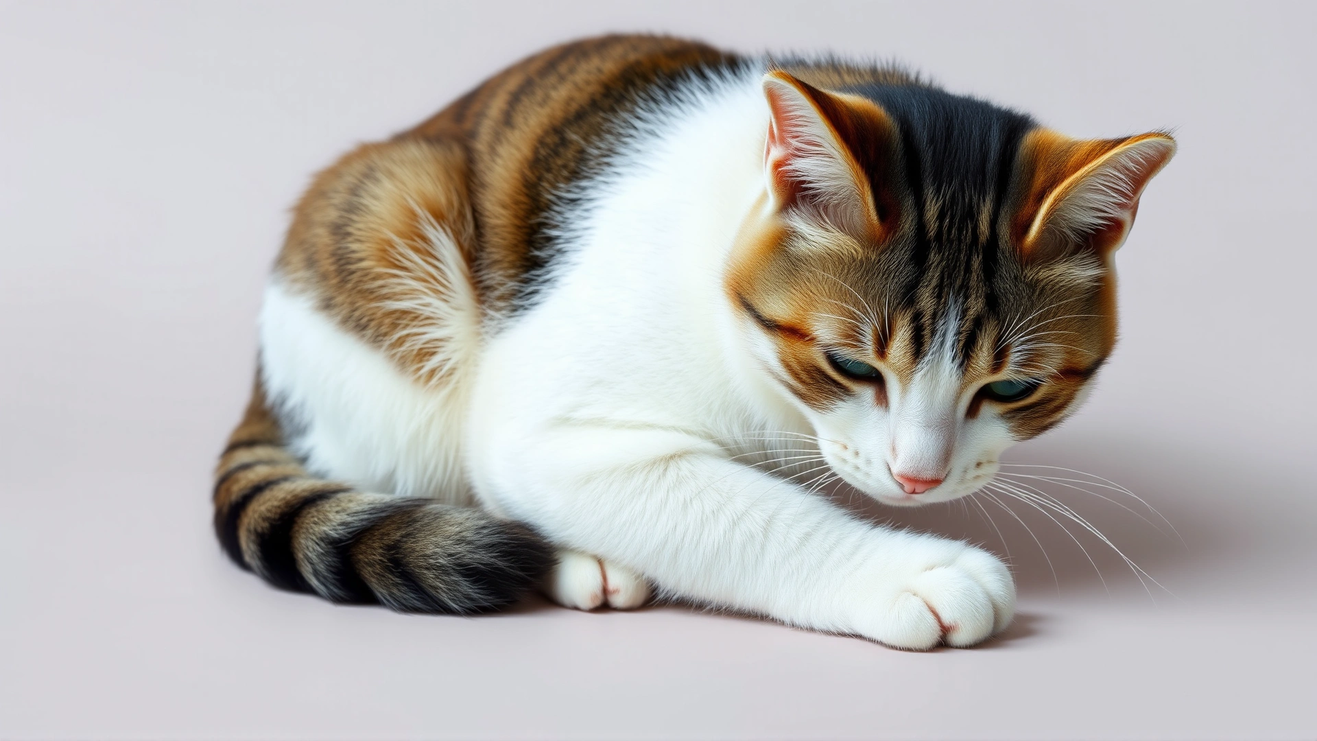 Domestic short-haired cat curled up looking uncomfortable, paw on stomach, neutral background.