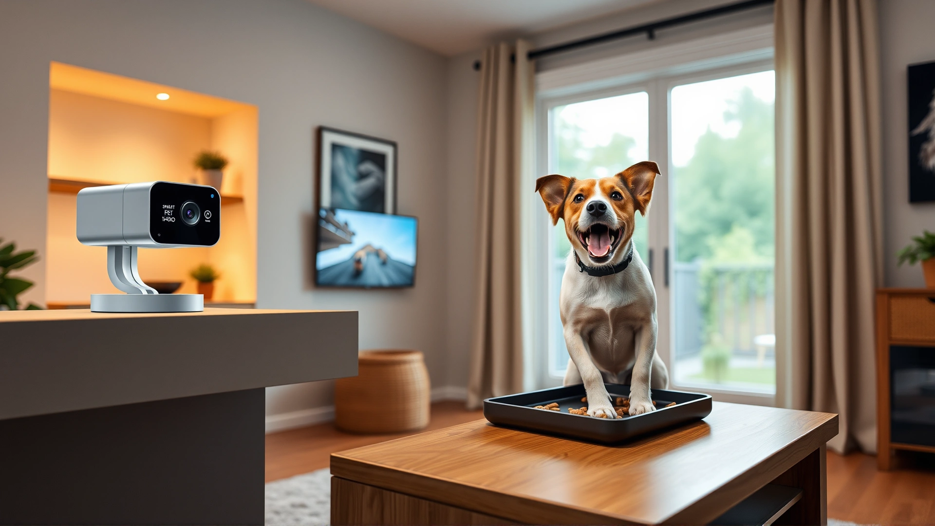 Living room with a smart pet camera on a shelf capturing a playful dog; treat dispenser tray open; warm ambient lighting