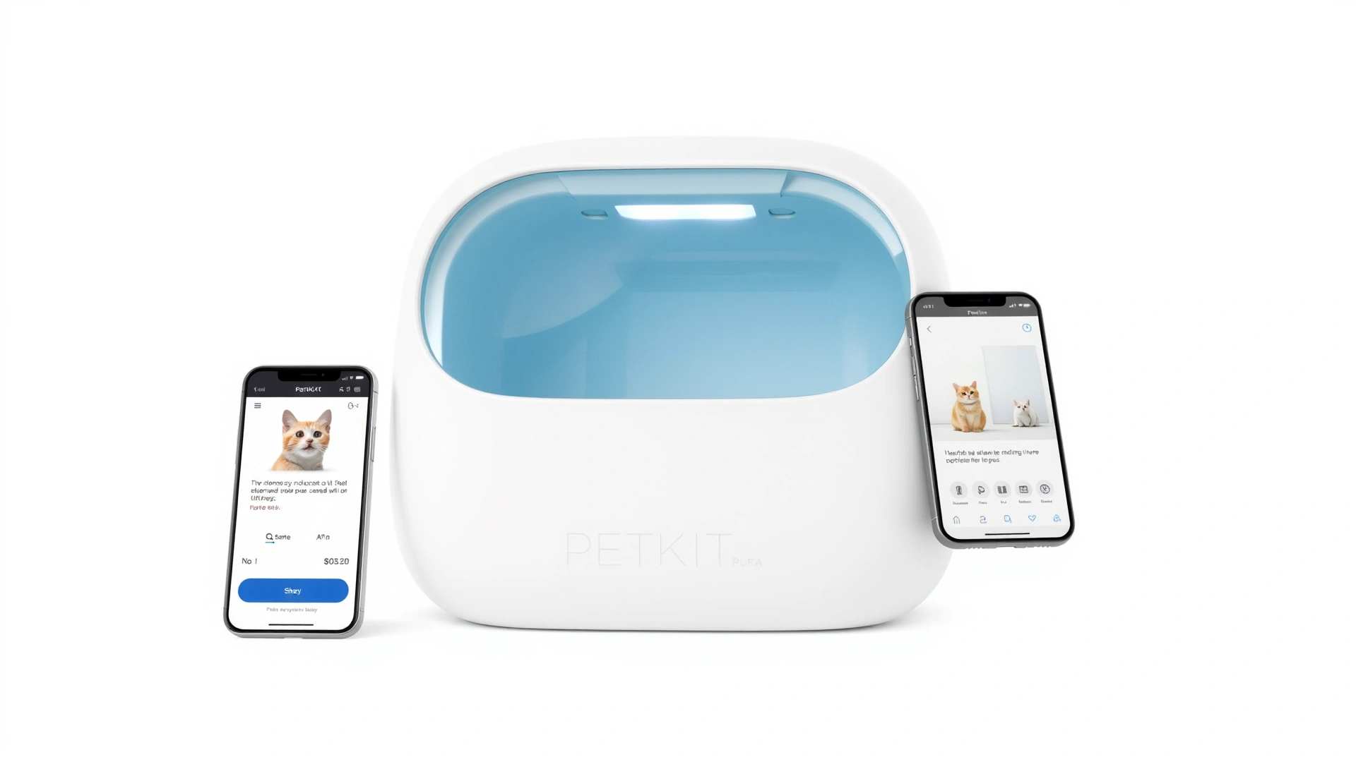 PETKIT Pura X self-cleaning litter box alongside a smartphone displaying its companion app interface, white background.