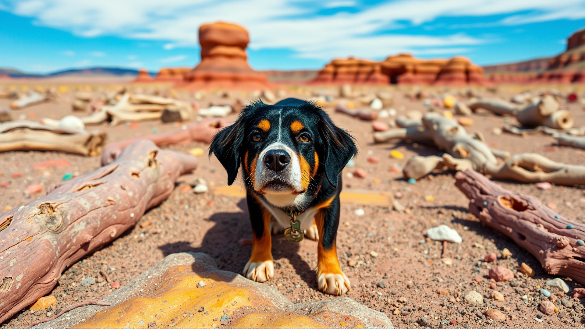 Dog exploring colorful badlands landscape with petrified logs scattered around at Petrified Forest National Park.