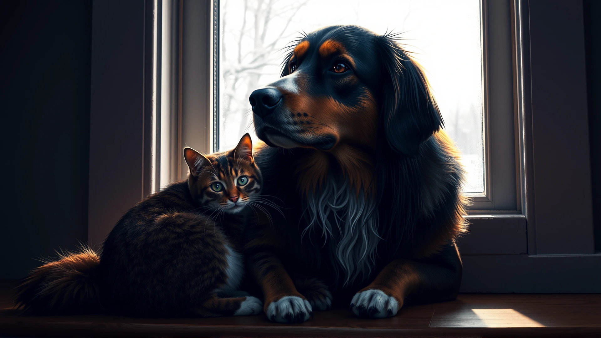 Dog and cat sitting together by a bright window with snow visible outside, symbolizing reduced sunlight during winter.