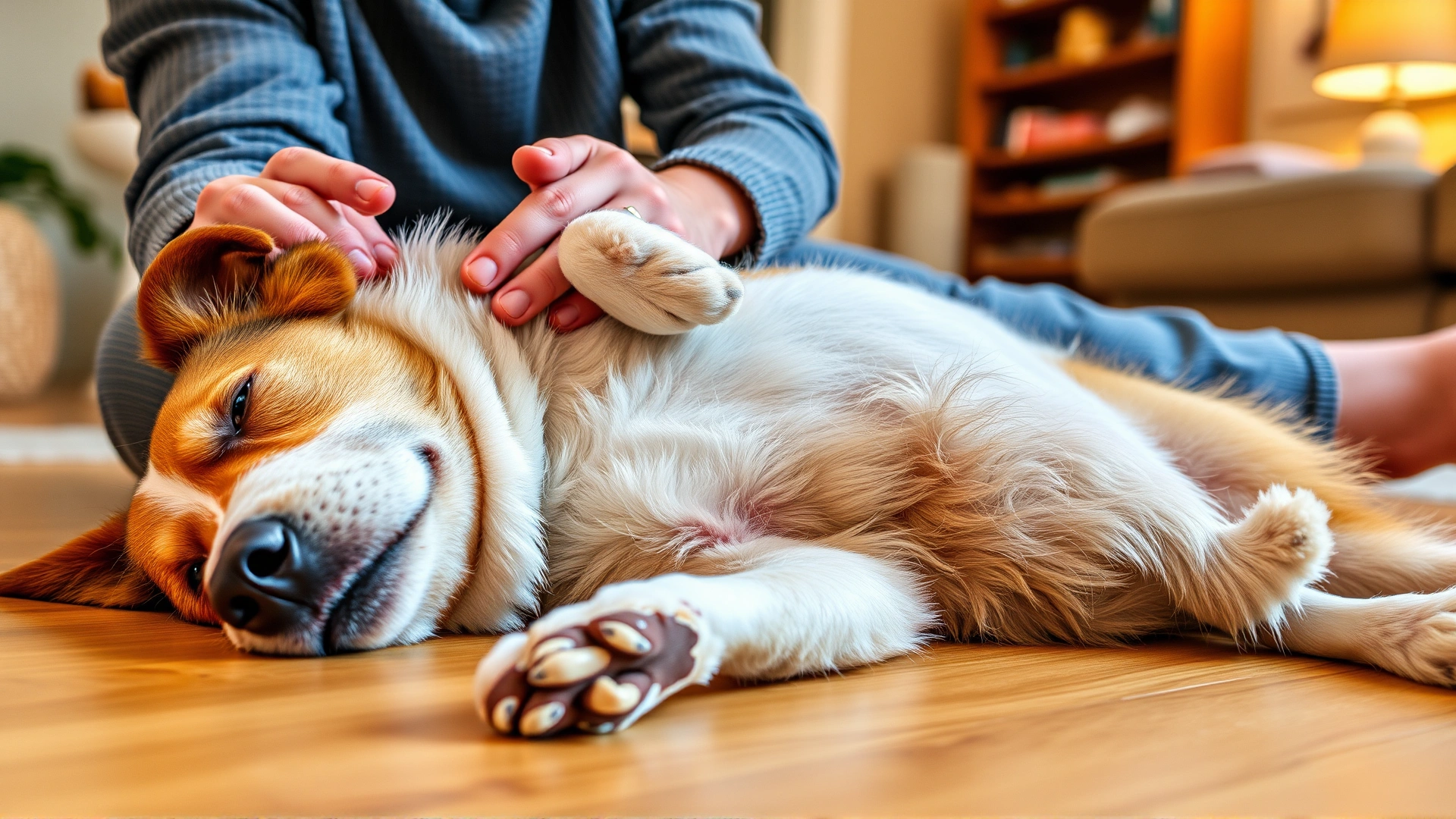 Calm dog lying on its back enjoying a gentle belly rub from owner inside a cozy living room.