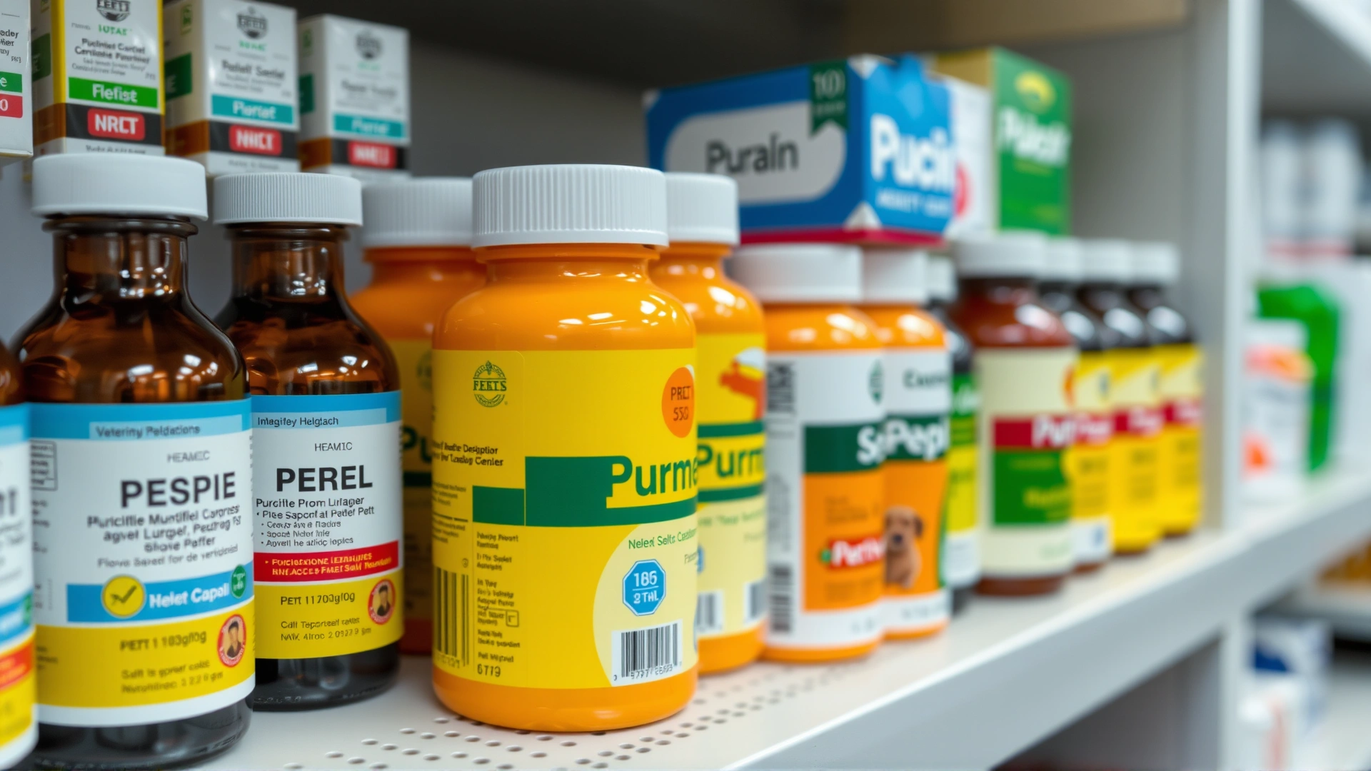 Rows of pet medication bottles and boxes neatly arranged on a veterinary pharmacy shelf, shallow depth of field