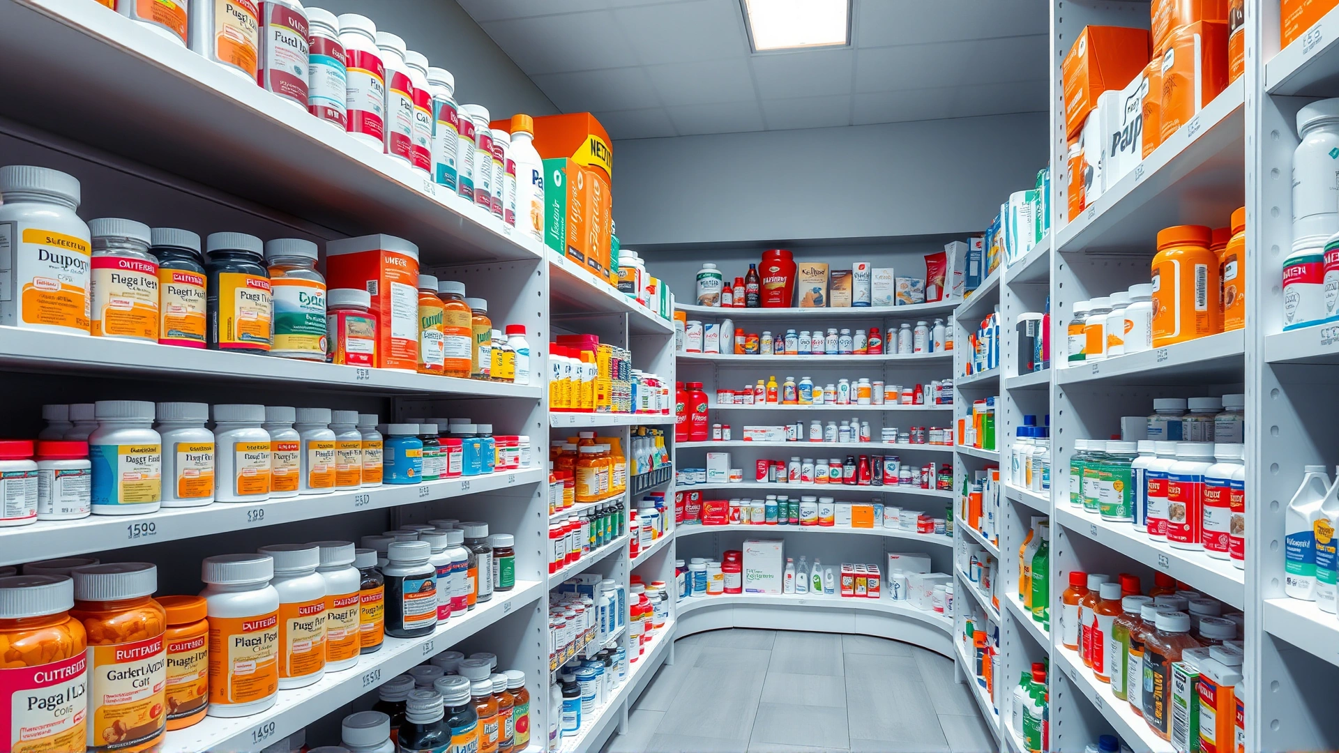 Shelves of assorted pet medications and supplements in a well-lit veterinary pharmacy.
