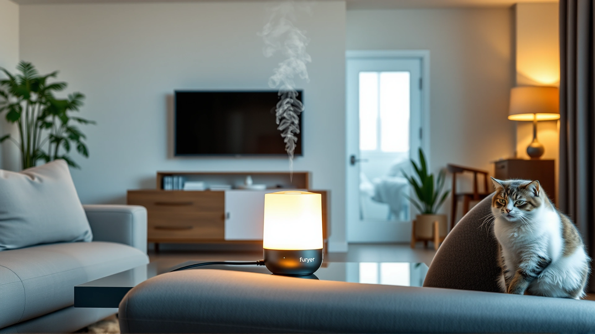 Living room scene with a plug-in feline pheromone diffuser glowing softly while a relaxed cat sits nearby, modern home interior, realistic photo, no text