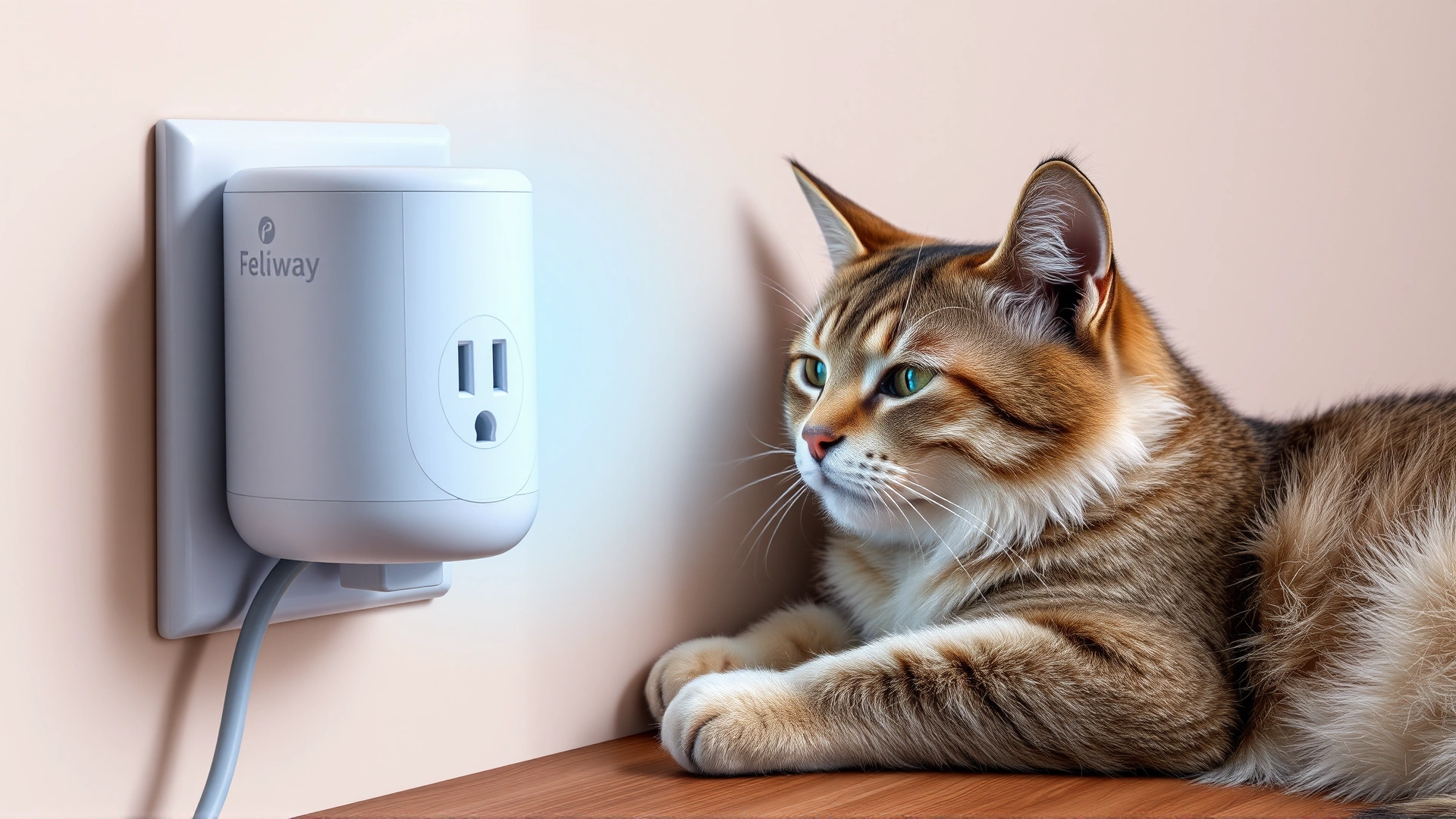 A Feliway-style feline pheromone diffuser plugged into a wall outlet with a calm cat resting nearby