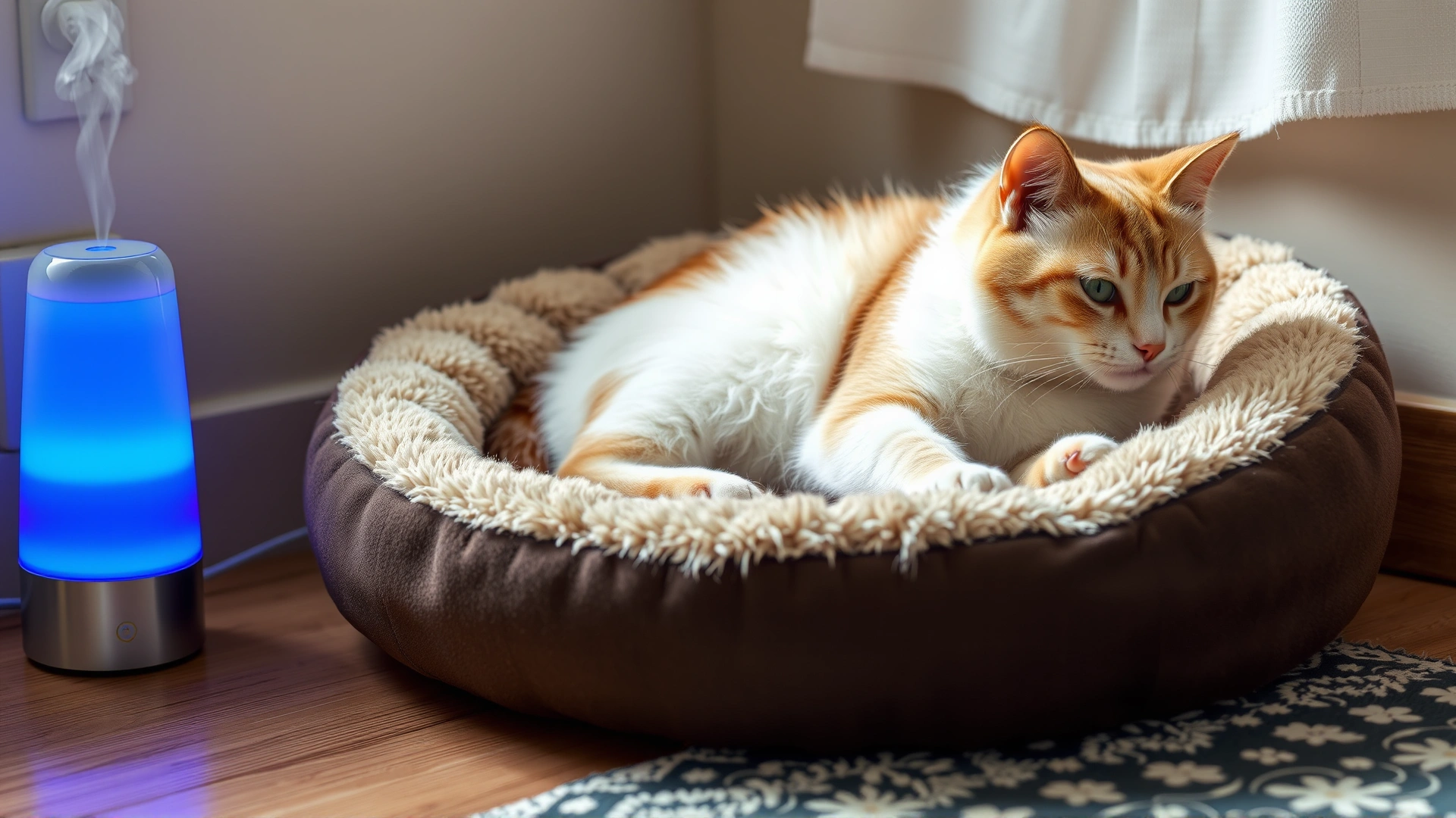 Electric cat pheromone diffuser plugged in near a cozy cat bed