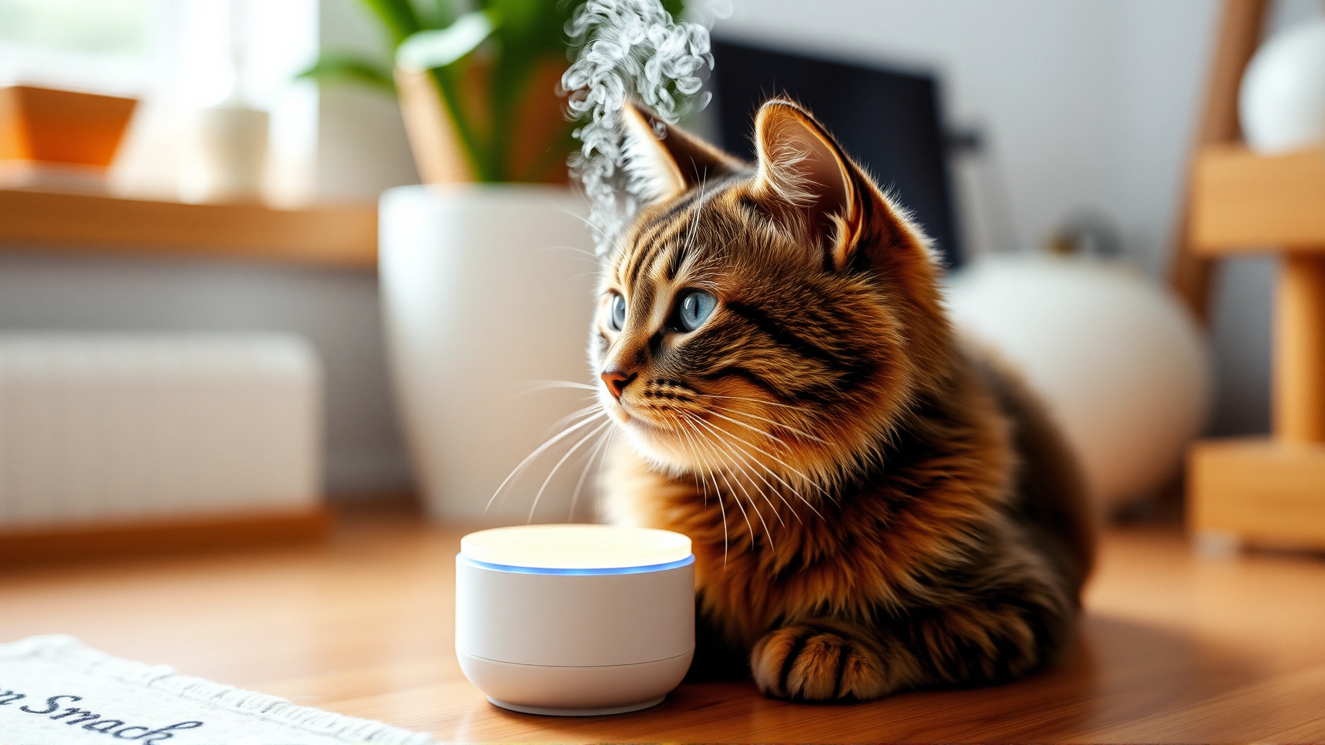 Close-up of a plug-in cat pheromone diffuser emitting a gentle mist in a tidy household setting.